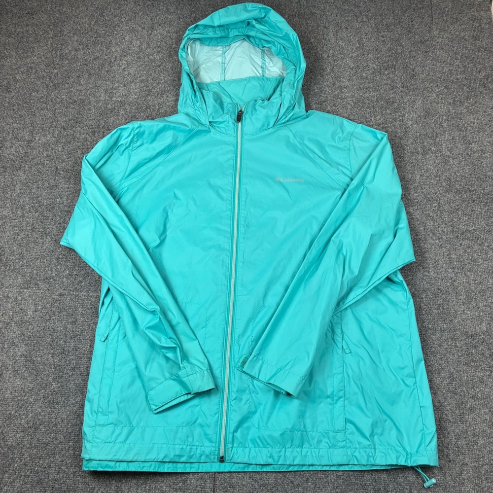 Columbia Womens Size XL Teal Blue Lightweight Hooded Windbreaker Jacket Full Zip